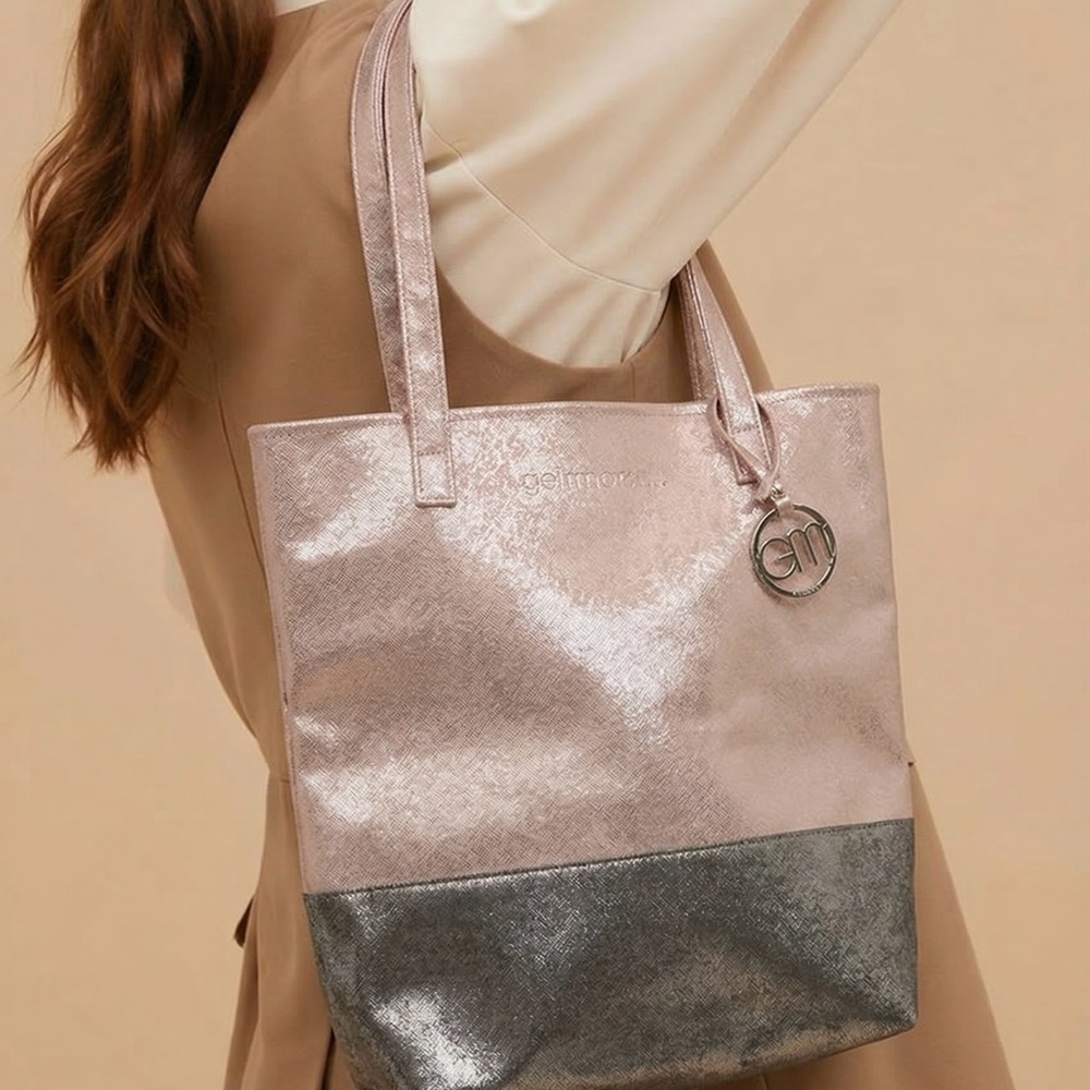 Metallic Two-Tone Tote Bag — Pink & Silver